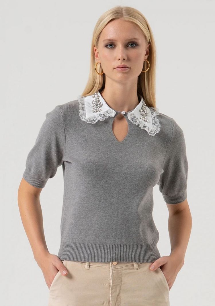 Short sleeves sweater with emb T65 Grey melang